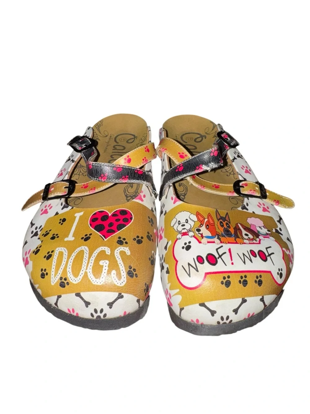 Calceo Dog Print Clogs EU 41 US 10 Leather Comfort Cute Slip On Sandals - Picture 2 of 9